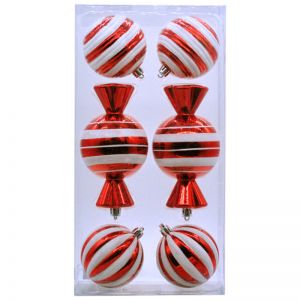 8cm Red & White Striped Shatterproof Candy Baubles (Pack of 6)